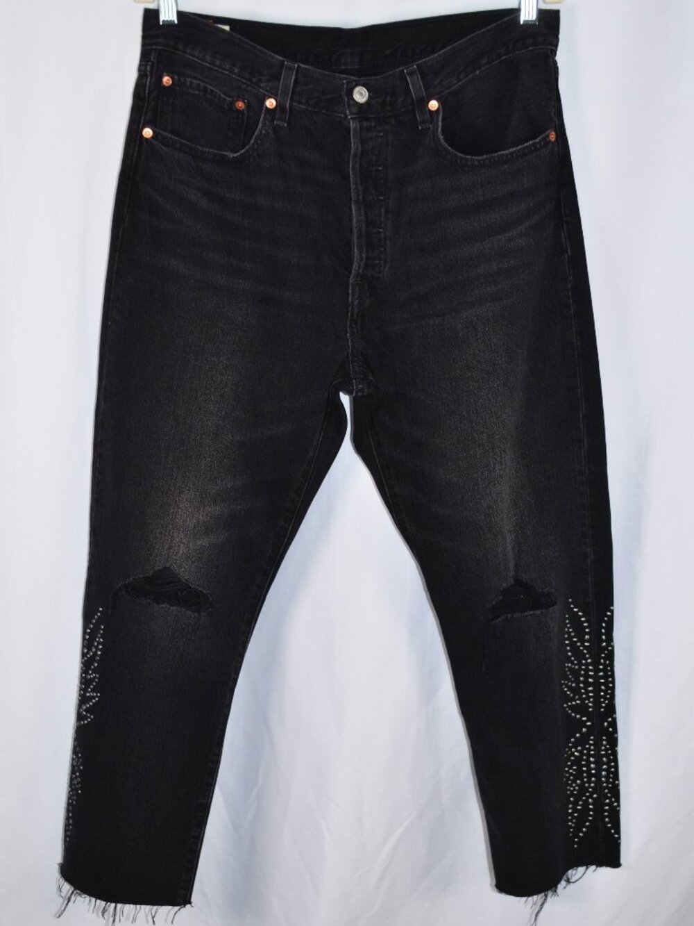 Levi's Premium 501 Studded Cropped Distressed Button Fly Black Wash Jeans 33/26